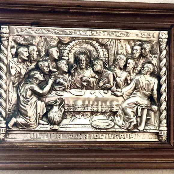 M.REGISTRADO Antique Framed Silver Repousse Relief Art Sculpture Last Supper 21" - Picture 8 of 10